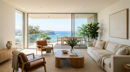 Fototapeta premium Bright modern living room with expansive ocean views, offering a seamless indoor-outdoor experience for luxurious coastal relaxation and sophisticated entertaining