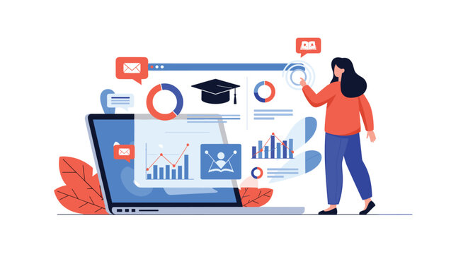 Professional female tutor analyzing digital educational dashboard with metrics and charts on large laptop screen.