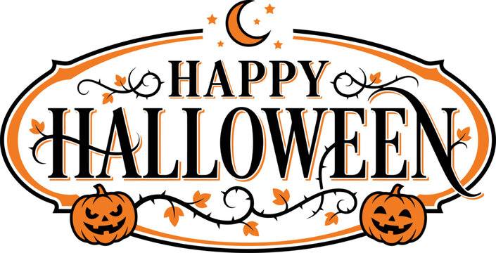 Happy Halloween vector graphic featuring orange pumpkins with thorns and a crescent moon inside an elegant ornate oval frame design