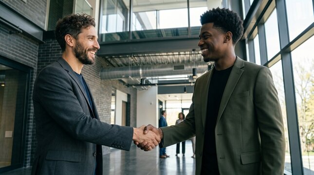 Diverse businessmen shaking hands during successful hiring job interview in modern office, professional recruiter welcoming new employee, corporate hr onboarding process and career growth concept