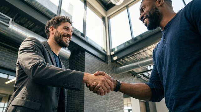 Happy multiethnic businessmen shaking hands in modern office after successful hiring interview agreement. Caucasian and Black male partners celebrate contract deal with friendly handshake.