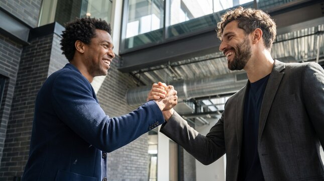 Corporate hiring contract deal and successful executive onboarding, happy diverse business partner handshake celebrating career growth opportunity in modern open plan corporate office workspace