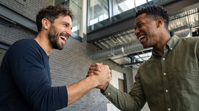 Two happy diverse male businessmen handshaking during successful teambuilding event, caucasian and african american male partners celebrating agreement deal inside modern enterprise office hall