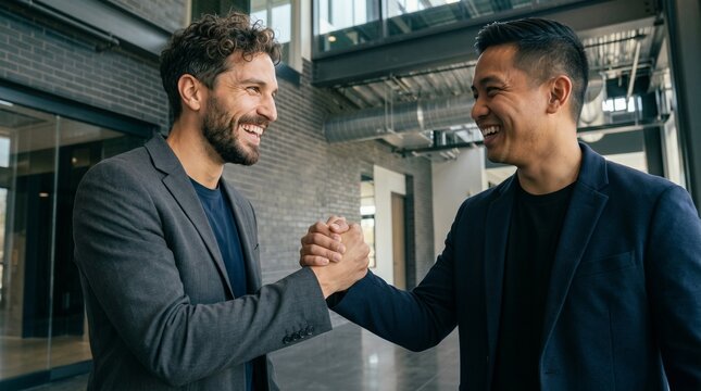 Two smiling business partners making firm hand clasp agreement after digital marketing strategy presentation, cheerful caucasian and asian male executives celebrating great corporate success