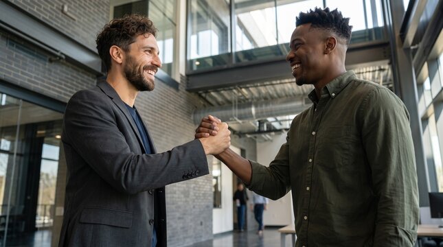 Diverse businessmen shaking hands in modern open space office after successful job interview. Multiracial corporate partners agreeing on hiring deal during successful recruitment meeting.