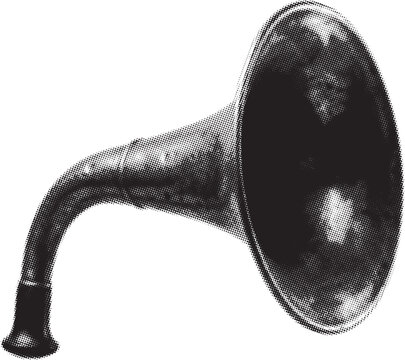 Vintage gramophone horn in halftone style with dramatic lighting for retro music concepts