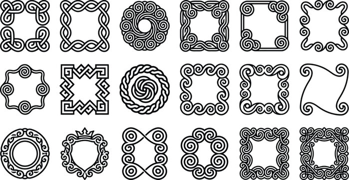 Collection of black and white ornate celtic knotwork frames and borders with illustration