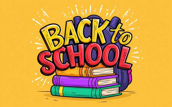 Back to school text illustration with a backpack and books on a yellow background