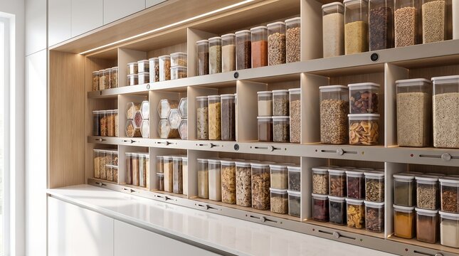 Expansive modern pantry shelving system filled with uniform clear airtight containers and clear bins storing dried food items in minimalist kitchen home setting.