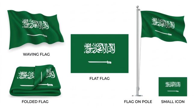 Multiple views of the saudi arabian flag waving and displayed on a white background for national representation