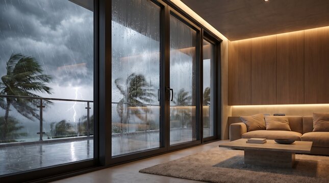 Modern living room interior with large sliding glass doors looking out to stormy tropical weather with lightning and wind blown palm trees during hurricane.