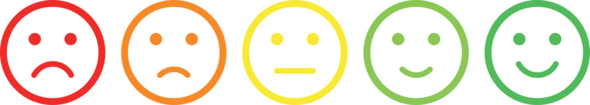 Scale of satisfaction, mood faces, happy. Survey, customer emotion feedback. Vector emoji bad, sad, angry and good smile rating icons. Flat positive green, negative red emoticons of evaluation level i