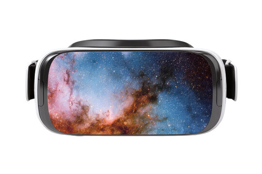 Immersive journey through the cosmos a virtual reality experience isolated on transparent background. Virtual reality headset displaying colorful nebula galaxy isolated on white background.