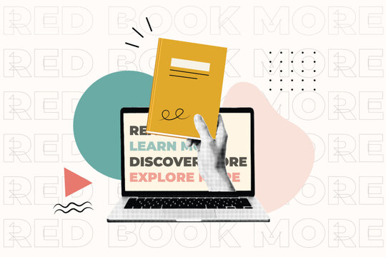 Halftone Pop Art Collage with Hand Holding Book and Laptop. Read, Learn, Discover, Explore More Typography. Online Education and Reading Concept in Retro Style