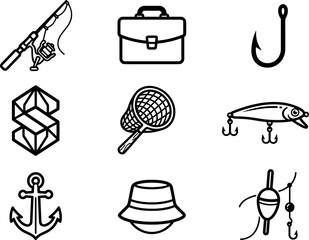 Set of fishing equipment icons including rod, briefcase, hook, net, lure, anchor, and hat © set kine