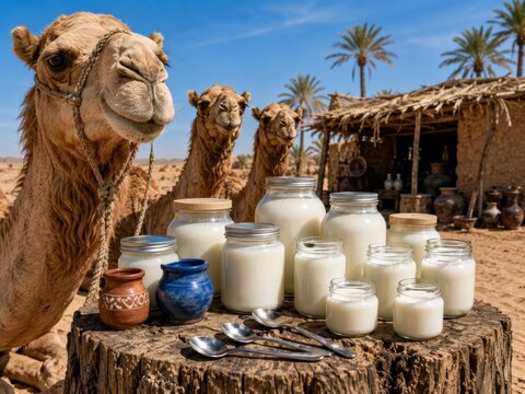 Camel milk dairy products in desert oasis with dromedary camels traditional jars and fresh fermented beverage on rustic wooden table under blue sky