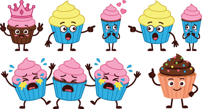 Cute cupcake monster cartoon character set with different emotions funny expressions and sweet colorful frosting