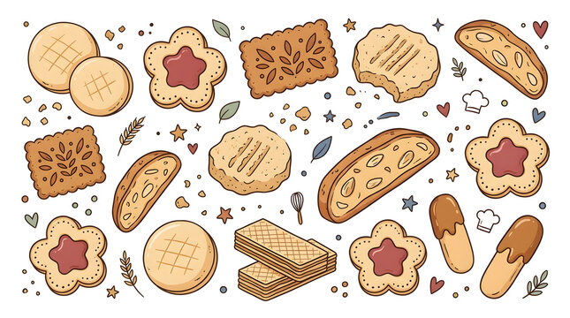 Sweet pastry and cookie doodle collection with various shapes, jelly centers, and wafers for bakery menu design.