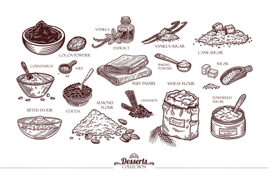 Linear food illustrations. Wheat flour, sugar, vanilla sugar, powdered sugar and cocoa powder, salt and cornstarch, ground cinnamon. Hand drawn. Sketch Style.