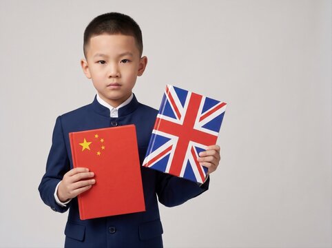 Serious asian boy in school uniform holding British and Chinese flag books on neutral background. Education and language learning concept. Studio portrait for international education campaign