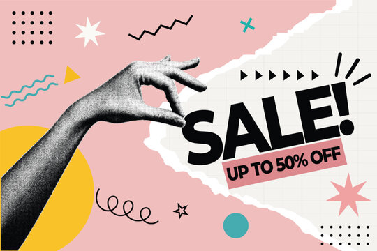 Halftone Pop Art Collage with Hand Gesture and Sale Up to 50 Percent Off Typography. Bold Discount Banner for Shopping and Retail Promotion in Retro Comic Style