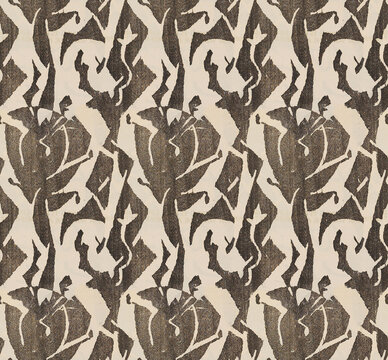Abstract art deco pattern with textured brown geometric figures on a neutral cream backdrop.