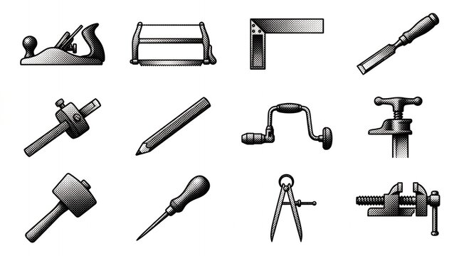 Array of carpentry tools and manual equipment featuring a vintage halftone dotted texture design.