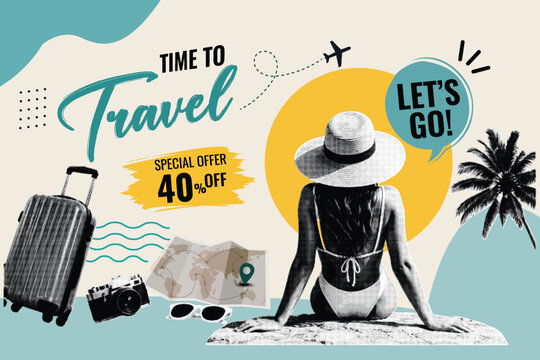 Halftone Pop Art Collage with Woman Sitting on Beach and Time to Travel Typography. Special Offer 40 Percent Off Vacation Sale with Suitcase, Camera and Map