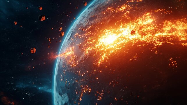 Cinematic close-up view of planet Earth from space being struck by a devastating shower of meteors and asteroids, causing massive fiery explosions across the globe.