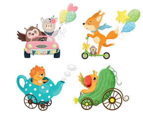 Naklejka premium Vector collection of cute animal characters riding imaginative vehicles including car, scooter, teapot and cucumber for nursery design and kids projects.