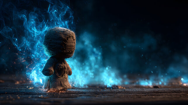 Burlap doll facing away in blue fire