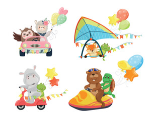 Naklejka premium Vector set of cute animal characters on fun vehicles including convertible car, hang glider, motor scooter and jet ski for nursery decor and kids design.