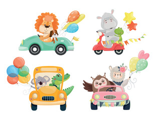 Naklejka premium Vector collection of cute animal characters riding colorful cars, scooter and bus with party balloons and flags for children design and birthday cards.