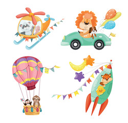 Naklejka premium Vector set of adorable animal characters traveling by helicopter, car, hot air balloon and space rocket for nursery art and kids design.