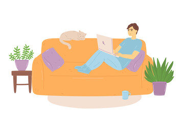 Freelance working flat concept with people for web design. Man works at laptop, sitting at couch in comfortable living room. Freelancer making project online at home office. Vector illustration.
