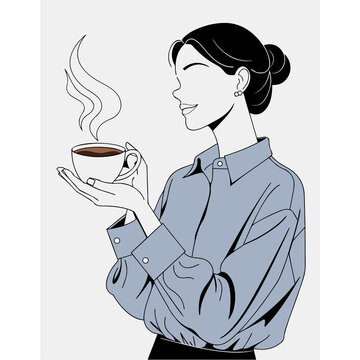 Minimal line art woman holding a steaming cup of coffee