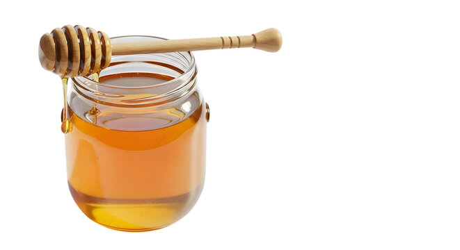 A delectable jar of golden honey with a wooden dipper beautifully isolated on transparent background