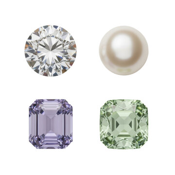 A brilliant diamond, iridescent pearl, lavender sapphire and green peridot in a 2x2 grid on a white studio background. concept of sophisticated elegance