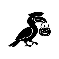 Obraz premium Hornbill carrying pumpkin bucket silhouette shows spooky joy