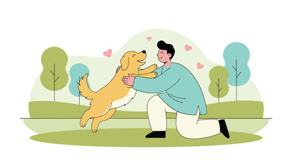 Fototapeta premium Loving man kneels down to embrace his happy golden retriever dog in a green park setting with stylized trees and pink hearts in the air.