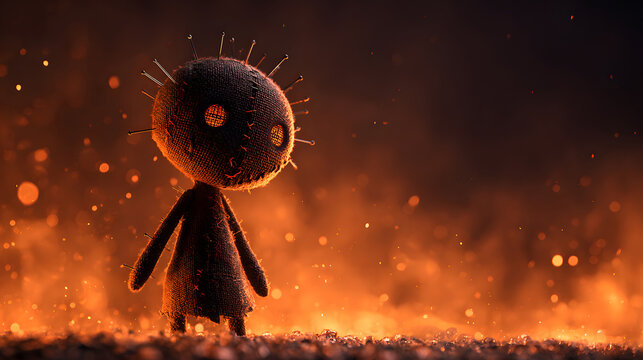 Scary voodoo doll in inferno fire