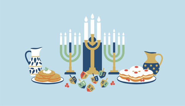 Hanukkah holiday celebration set includes traditional menorahs, dreidels, jelly donuts, and potato latkes arranged for a festive family meal.