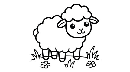 Obraz premium Cute little sheep standing in a meadow with flowers for children coloring book page line art