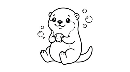 Obraz premium Cute cartoon otter holding a small shell surrounded by bubbles for kids coloring book page design