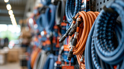 Obraz premium Rows of high pressure hydraulic hoses coiled and hung on wall pegs inside a bright warehouse color coded tags dangling from each coil engineering supply concept indoor with