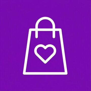 White shopping bag icon with heart symbol on purple background