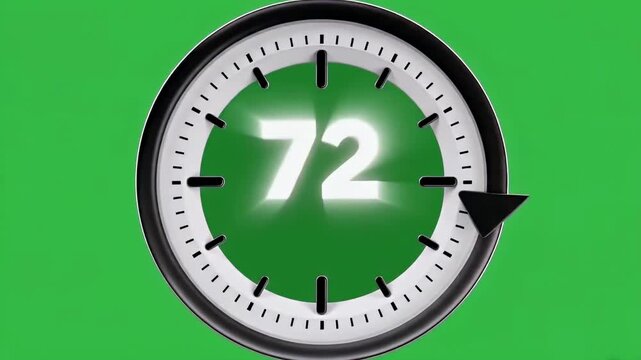 Glowing 72 Hours Clock Countdown Animation on Green Background Representing Urgent Time Limit and Special Offer