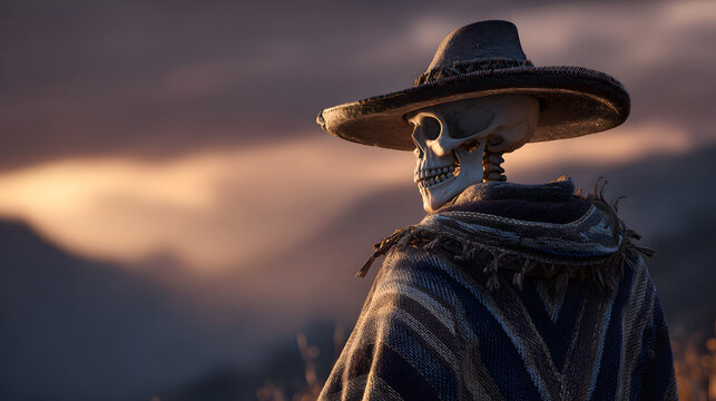 Skeleton cowboy in a poncho and hat