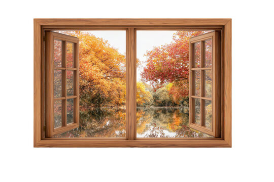 Serene autumnal view through an open window isolated on transparent background. Wooden window frame with autumn forest and lake view isolated on white background.