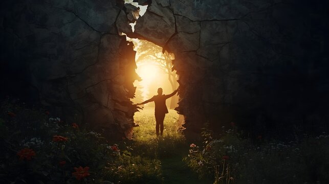 Breakthrough Concept Person Emerging From Dark Wall into Sunlit Flower Field